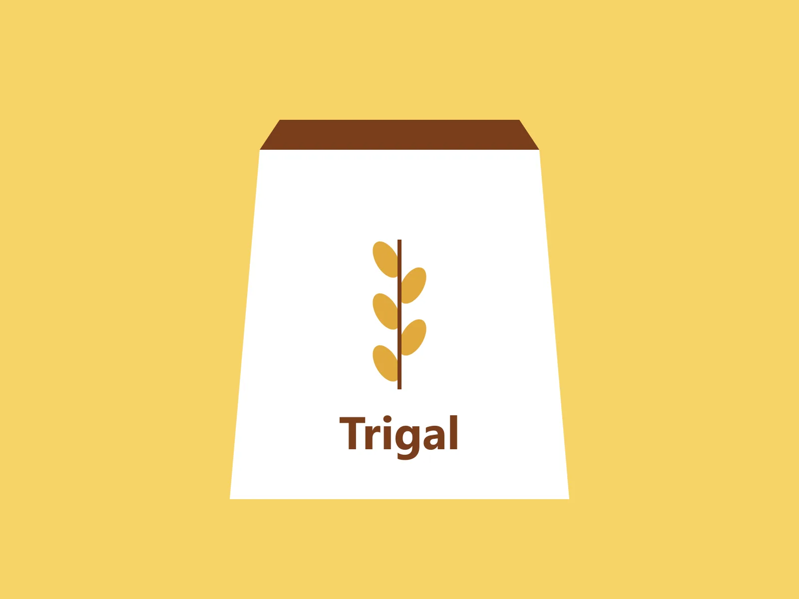 Saco de pão branco com um ramo de trigo e o nome Trigal, sobre fundo amarelo